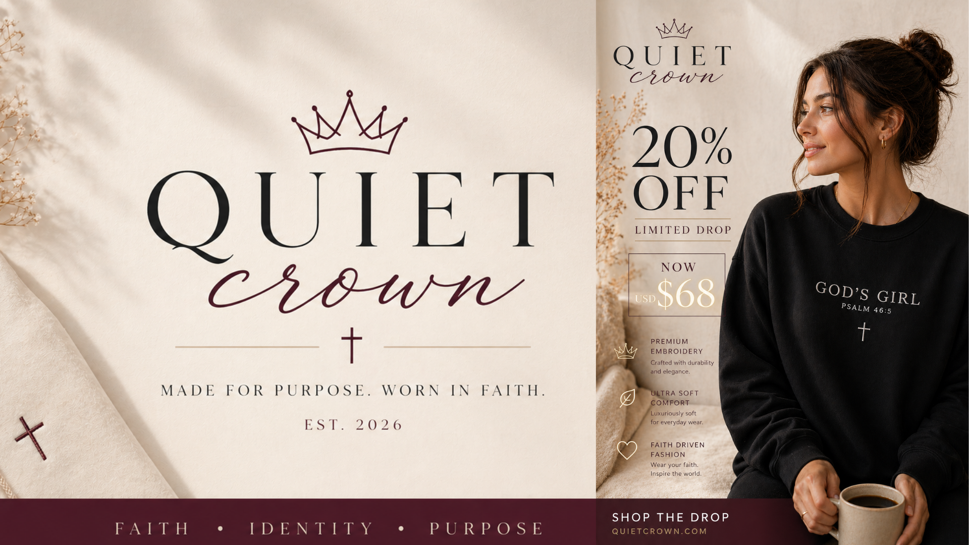 Promotional banner for 'The Quiet Crown' with a woman holding a coffee cup.